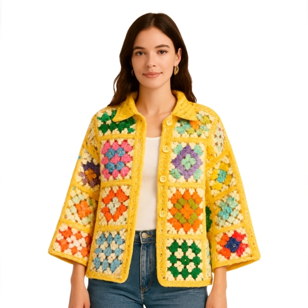 Hand Crafted Granny Squares Cardigan Crochet Handmade Multicolored Floral Retro